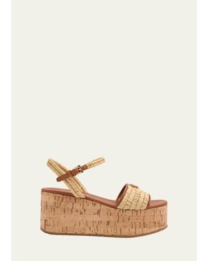 Prada 75Mm Triangle Logo Raffia Platform Sandals - Natural
