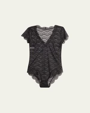 Simone Perele Karma Short-Sleeve Scalloped Lace Bodysuit - Black