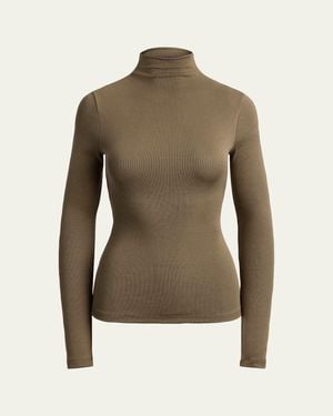 Ralph Lauren Catia Rib-Knit Stretch Silk Mockneck Top - Green