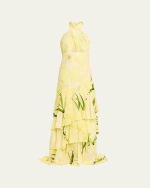 Cara Cara Amethyst Printed Tiered Silk Gown - Yellow