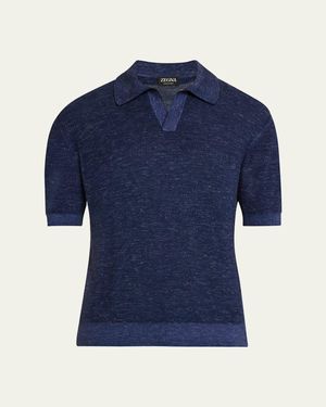 ZEGNA Waffle-Knit Short-Sleeve Polo Sweater - Blue