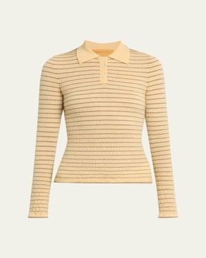 Guest In Residence Smocked Striped Long-Sleeve Polo - Natural