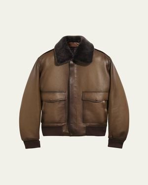Berluti Leather & Shearling Collar Bomber Jacket - Brown