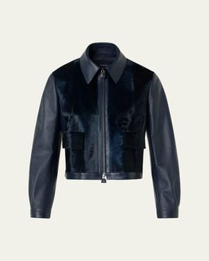 Akris Sady Lamb Shearling Paneled Short Leather Jacket - Blue
