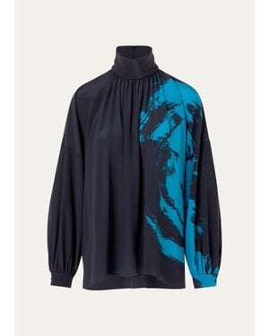 Akris Punto Brushstroke-Print Silk Crepe Long-Sleeve Blouse - Blue