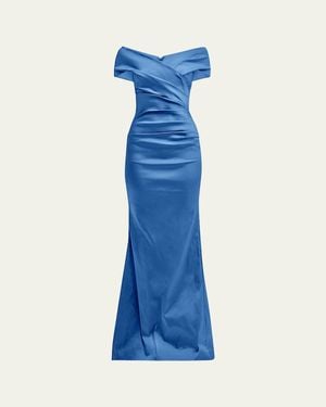 Teri Jon Pleated Off-Shoulder Satin Column Gown - Blue