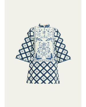 VERANDAH Palm Azulejos Mini Kaftan Dress - Blue