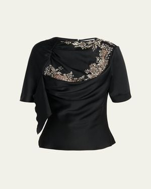 McQueen Embroidered Lace Draped Silk Top - Black