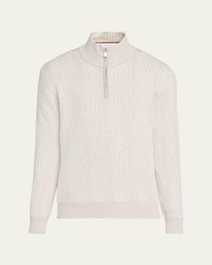 Brunello Cucinelli Cashmere Chevron Vanise Quarter-Zip Sweater - White