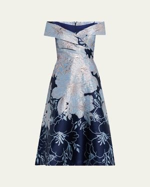 Teri Jon Off-Shoulder Metallic Jacquard Midi Dress - Blue