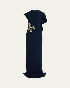 Teri Jon Floral-Embroidered Asymmetric Capelet Gown - Blue