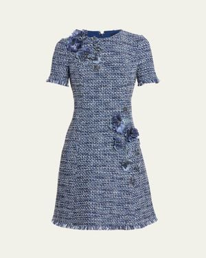 Teri Jon Floral Tweed Short-Sleeve Dress - Blue