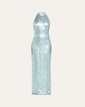 Markarian Nerine Gingham Sequined Halter Column Gown - Blue