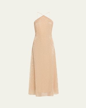 Halston Denise Sleeveless Sequin Halter Midi Dress - White