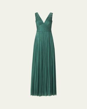 Costarellos Anilia Pleated Silk Sleeveless Slit Gown - Green