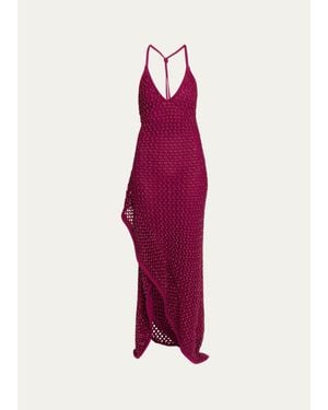 DIOTIMA Riki Crystal Crochet Knit Halter Maxi Dress - Red
