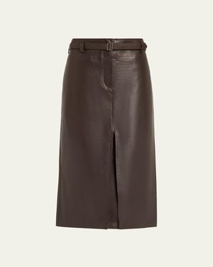 Co. Leather Belted Front Split Midi Skirt - Brown