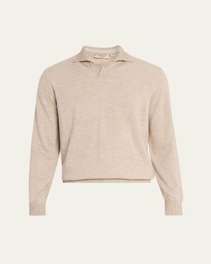 FIORONI CASHMERE Duvet Cashmere Johnny-Collar Long-Sleeve Polo Shirt - Natural