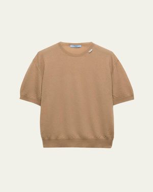 Prada Cashmere Short-Sleeve Crewneck Sweater - Natural