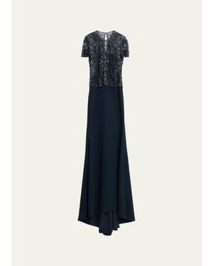 Naeem Khan Beaded Bodice Cap-Sleeve Fit-And-Flare Crepe Gown - Blue