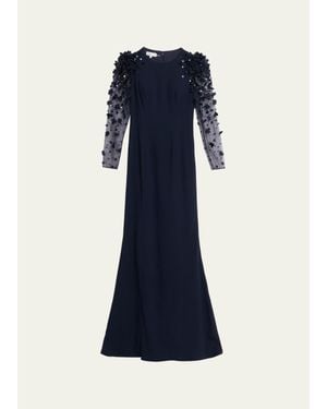 Teri Jon Tulle-Sleeve Floral Applique Crepe Gown - Blue