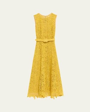 Oscar de la Renta Sleeveless Feather Scroll Guipure Midi Day Dress With Belt - Yellow
