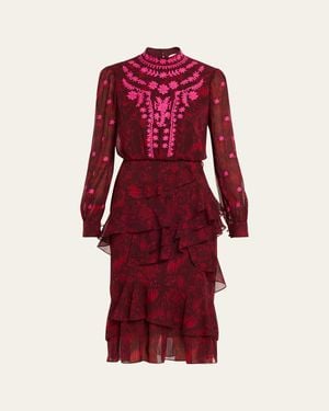 Saloni Isa Mock-Neck Floral-Print Silk Midi Dress - Red