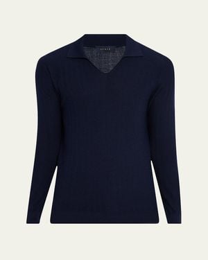 Sease Herringbone Johnny-Collar Polo Sweater - Blue
