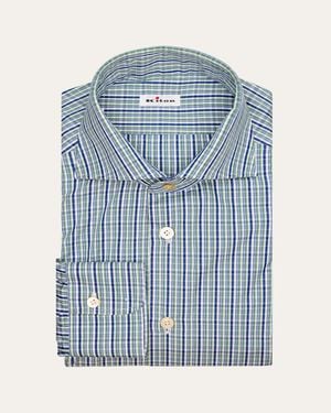 Kiton Graph Check Cotton Spread Collar Dress Shirt - Blue