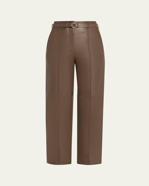 Giorgio Armani Belted Nappa Lambskin Straight-Leg Pants - Brown