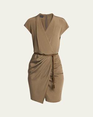 Giorgio Armani Rope Belted Short-Sleeve Draped Dress - Natural