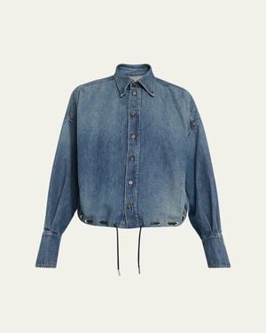 Brandon Maxwell Leland Denim Drawstring Bubble Shirt - Blue