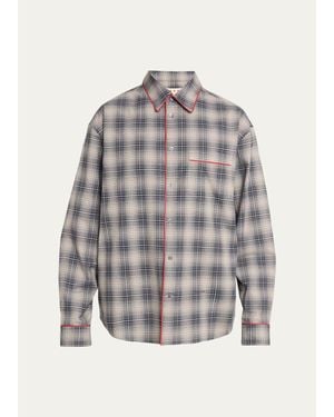 Marni Piped Cotton Plaid Button-Front Shirt - Gray