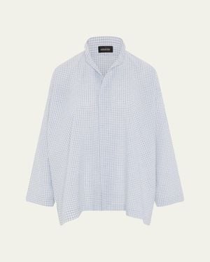 Eskandar Slim A-Line Shirt With Double Stand Collar And Stepped Insert (Long Length) - White