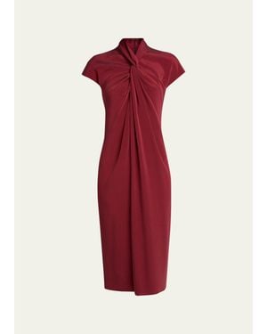 Giorgio Armani Draped Twisted-Collar Short-Sleeve Midi Dress - Red