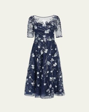 Teri Jon Floral-Embroidered Tulle Cocktail Dress - Blue