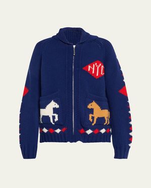 Bode Diamond Corral Horse Merino Wool Cardigan - Blue
