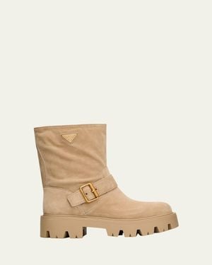 Prada Triangle Logo Suede Biker Boots - Natural