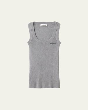 Miu Miu Scoop-Neck Rib Knit Cotton Tank Top - Gray