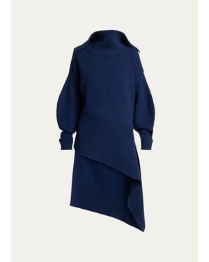 Givenchy High-Neck Slashed Wool-Cashmere Asymmetric Mini Sweater Dress - Blue