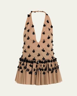DIOTIMA Embellished Plunging Halter Peplum Top - Natural