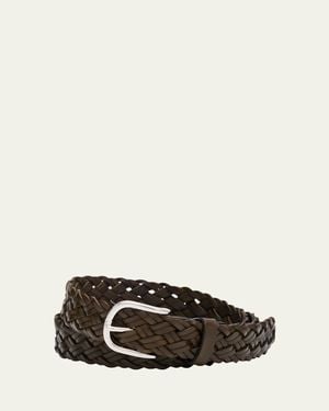 Brioni Woven Leather Rounded-Buckle Belt - Gray