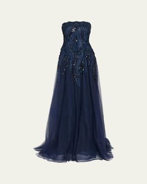 Teri Jon Floral-Embellished Tulle Strapless Gown - Blue