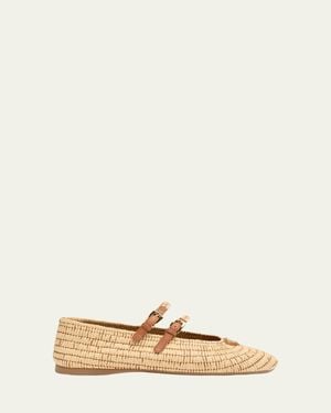 Prada Stuoia Raffia Dual Mary Jane Ballerina Flats - Natural