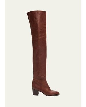 Saint Laurent Odeon Leather Over-The-Knee Boots - Brown