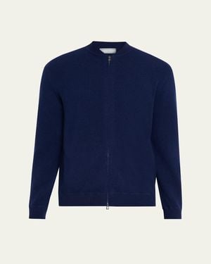 Bergdorf Goodman Wool Full-Zip Baseball-Collar Sweater - Blue
