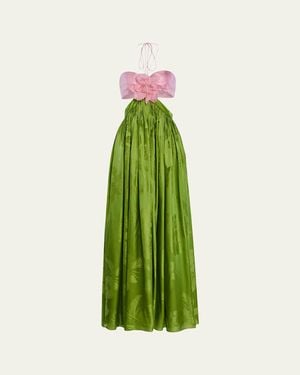 retroféte Prudy Floral Cut-Out Satin Halter Dress - Green