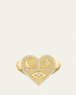 Sydney Evan 14K Heart Icons Signet Ring With Diamonds - Natural