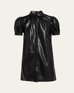 Alice + Olivia Jem Vegan Leather Puff-Sleeve Shirtdress - Black