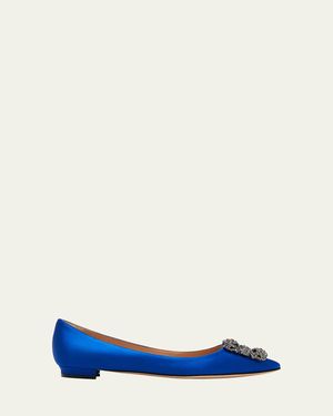 Manolo Blahnik Hangisi Crystal-Buckle Satin Flat - Blue